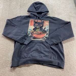 Port & Company Hoodie Mens XL Gray Black Cat Ramen Japanese Graphic Sweatshirt